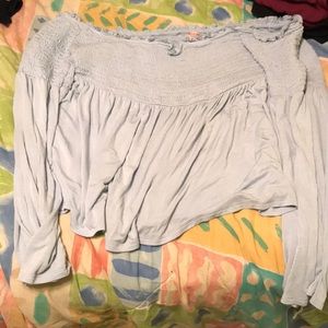 baby blue off the shoulder shirt